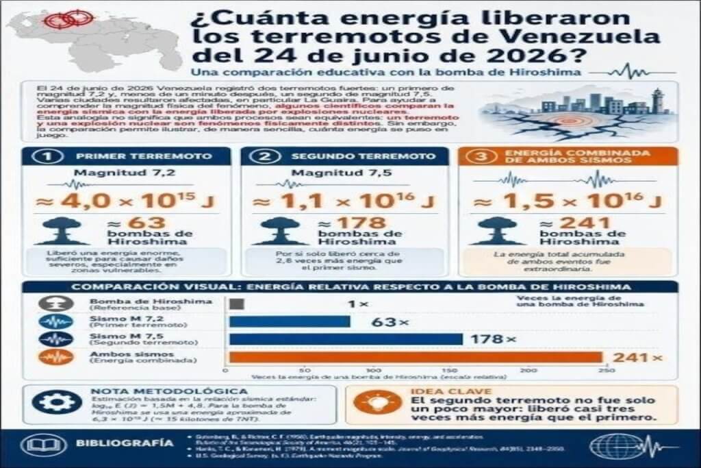 Los terremotos de magnitud 7,2 y 7,5 registrados el 24 de junio en Venezuela, liberaron una cantidad extraordinaria de energía equivalente a la explosión de millones de toneladas de TNT o a cientos de bombas nucleares.